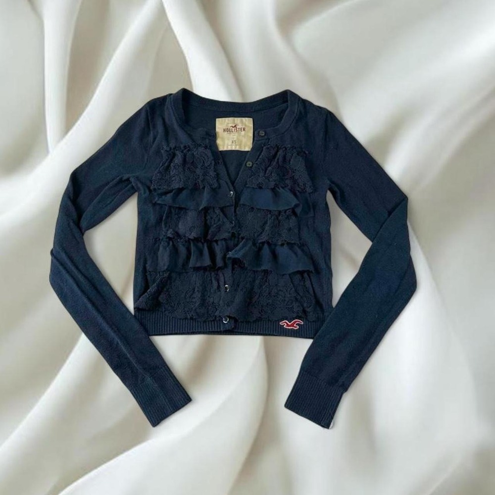 Hollister navy blue ruffle button front babydoll cardigan y2k mcbling fairy boho